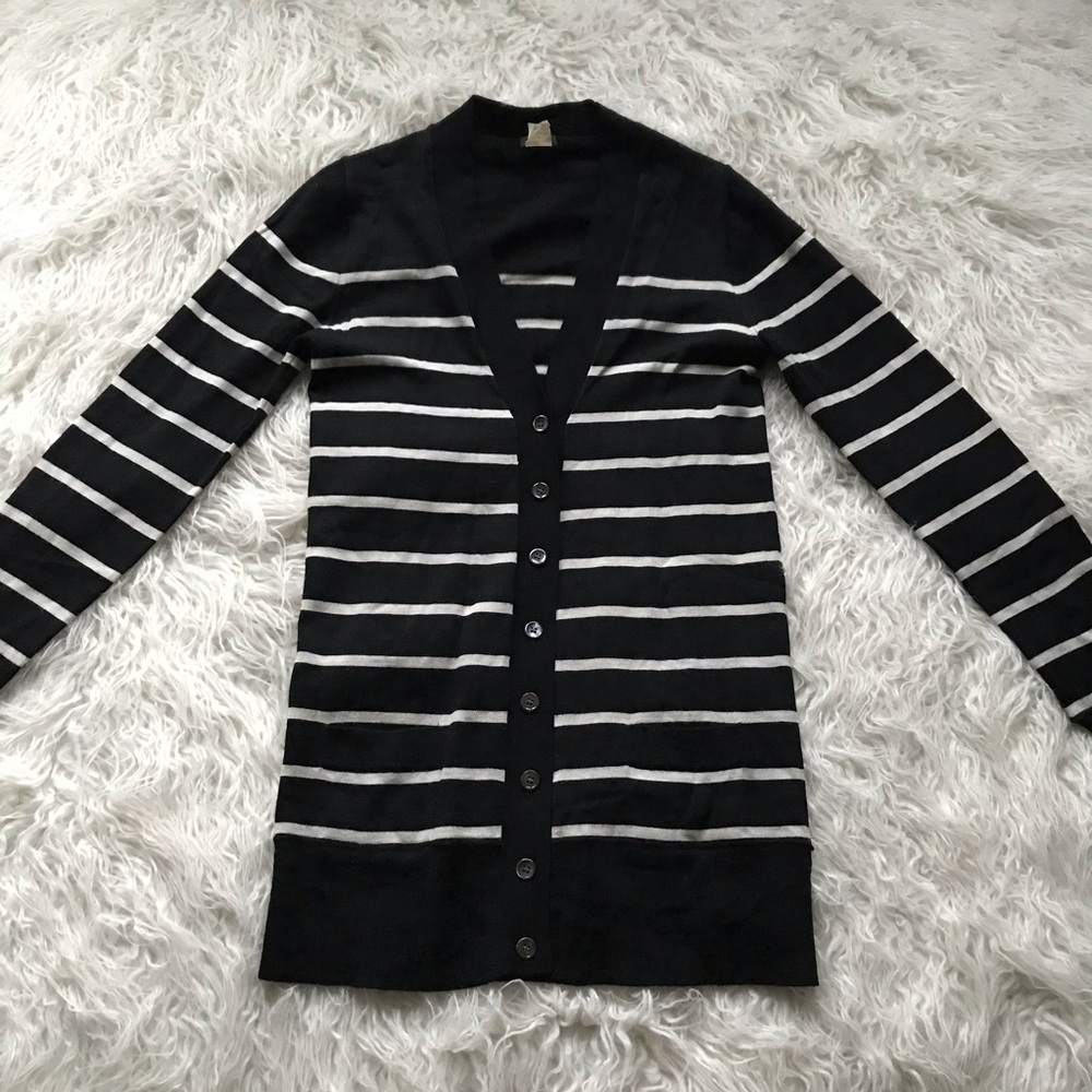 J Crew Black-White Striped Long Merino Wool Cardigan